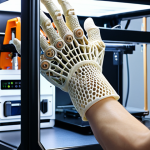 ** 3D printer creating a complex, customized prosthetic limb in a modern medical lab. Focus on detail and advanced technology.

**