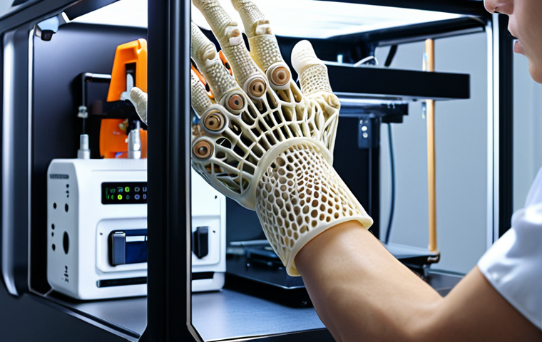 ** 3D printer creating a complex, customized prosthetic limb in a modern medical lab. Focus on detail and advanced technology.

**