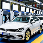 **

"A modern Volkswagen factory in Germany, showcasing advanced robotic arms and sensors optimizing car production. Highlight the efficiency and quality improvements achieved through machine learning. Convey a sense of technological advancement and precision."

**