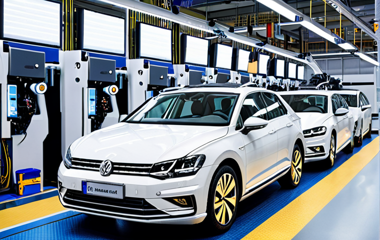 **

"A modern Volkswagen factory in Germany, showcasing advanced robotic arms and sensors optimizing car production. Highlight the efficiency and quality improvements achieved through machine learning. Convey a sense of technological advancement and precision."

**