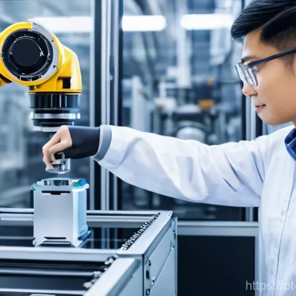 기계공학 기계전기소프트웨어 - **Prompt 1: Collaborative Automation on the Factory Floor**
A bright, modern factory floor with ...