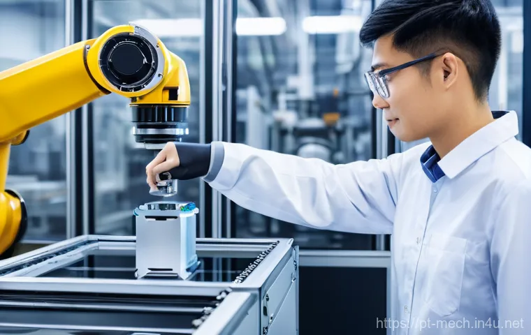 기계공학 기계전기소프트웨어 - **Prompt 1: Collaborative Automation on the Factory Floor**
    A bright, modern factory floor with ...