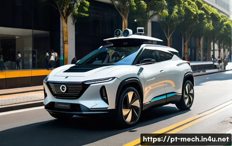 기계공학 자율주행기술 - A futuristic autonomous electric vehicle driving smoothly on a modern urban street in São Paulo, Bra...