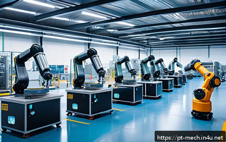 기계공학 기계학습과자동화 - A futuristic industrial factory interior showcasing advanced intelligent automation systems with rob...