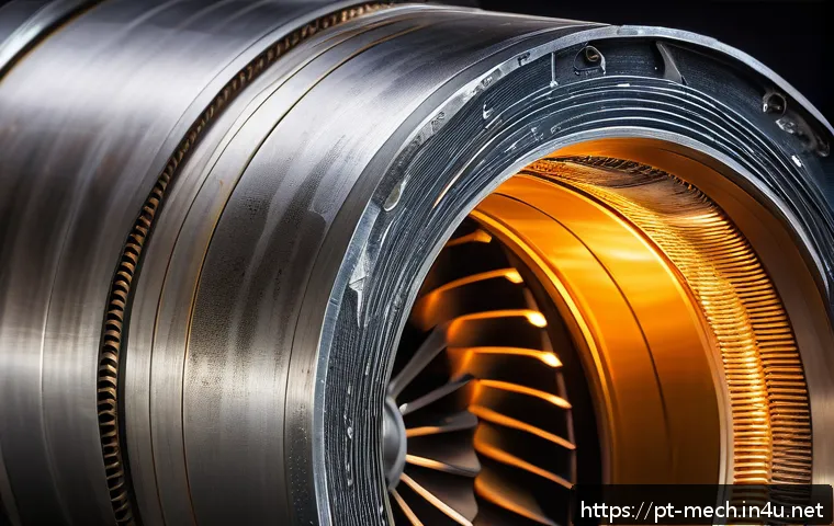 기계공학 고온재료 - A highly detailed close-up image of a nickel-based superalloy turbine blade used in aerospace engine...