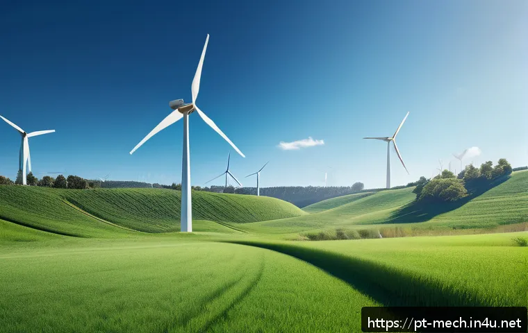 기계공학 유체역학 - A detailed and realistic image of a modern wind turbine in a lush green landscape under a clear blue...