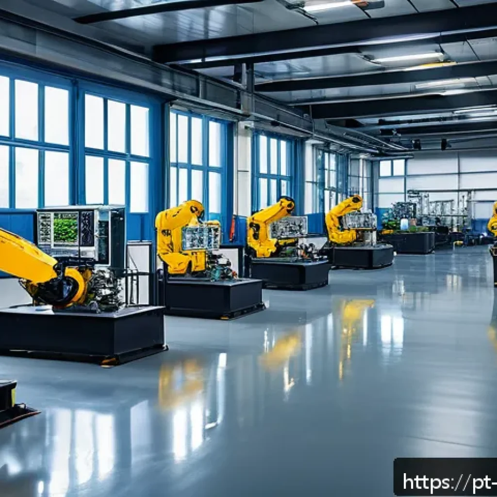 기계공학 산업기계시스템 - A modern industrial factory interior showcasing a fully automated assembly line with robotic arms (c...