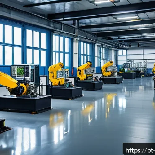 Home 31 기계공학 산업기계시스템 - A modern industrial factory interior showcasing a fully automated assembly line with robotic arms (c...