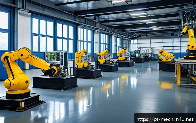 기계공학 산업기계시스템 - A modern industrial factory interior showcasing a fully automated assembly line with robotic arms (c...
