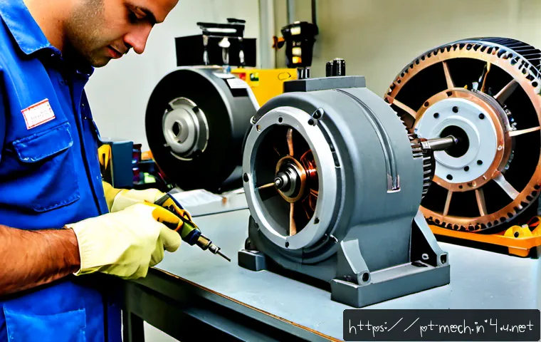 기계공학 전기모터설계 - Photorealistic close-up of an electrical engineer in a clean modern workshop inspecting a disassembl...